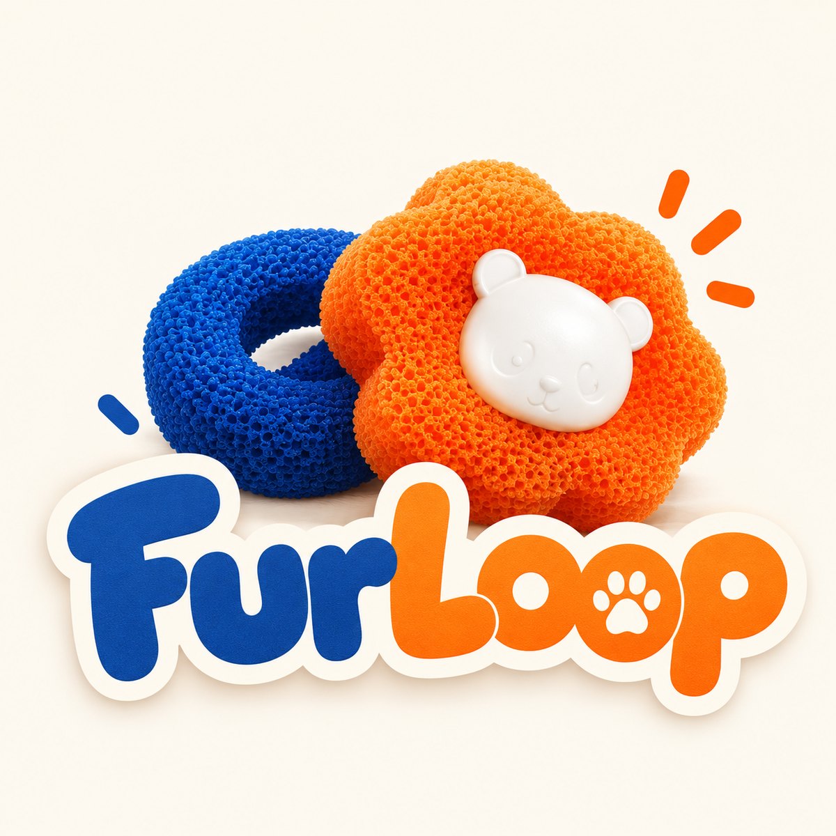 Furloop pet hair remover balls, one blue and one orange with a white bear face