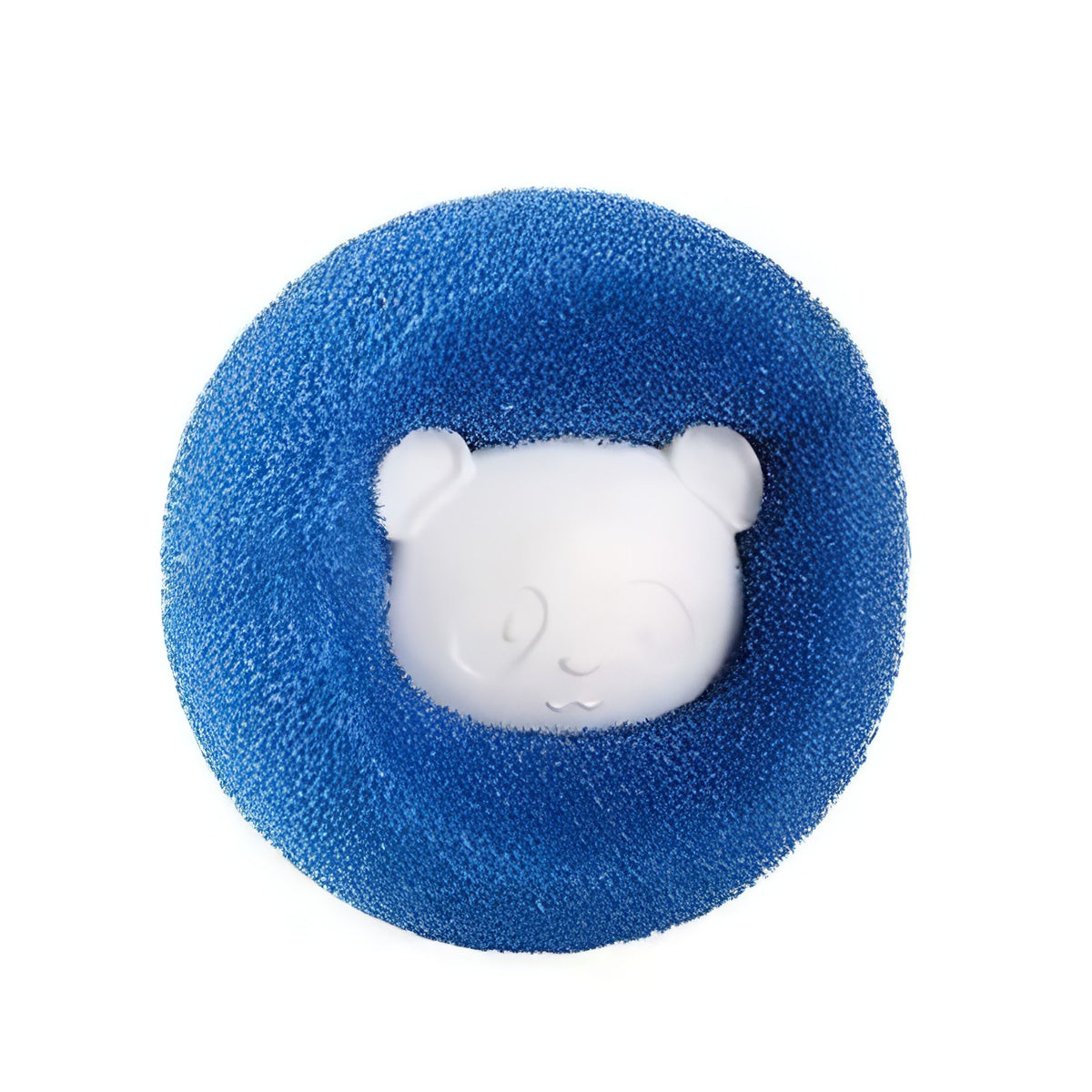 Blue Furloop pet hair remover ball with a white bear-face center